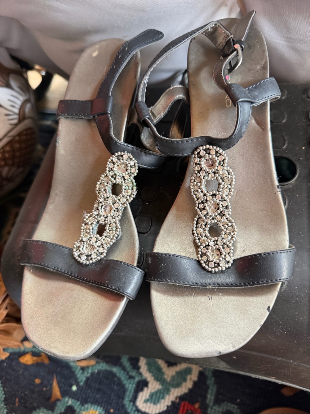 Women's Black Jeweled T-Strap Sandals